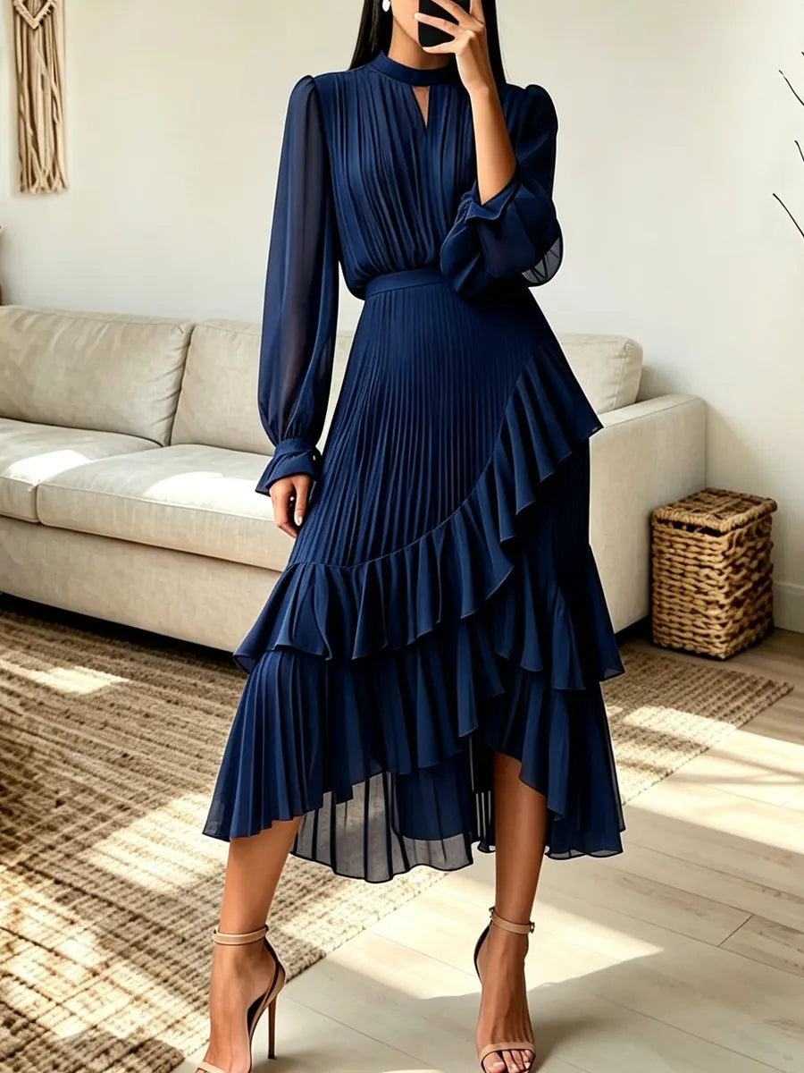 Retro Elegant Ruffle Art Casual Stylish Long Sleeve Midi Dress