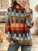 Retro Plaid Pattern Art Casual Knit Turtleneck Stylish Long Sleeve Sweater