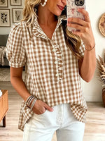 Retro Plaid Pattern Art Ruffle Casual Stylish Short Sleeve Shirt
