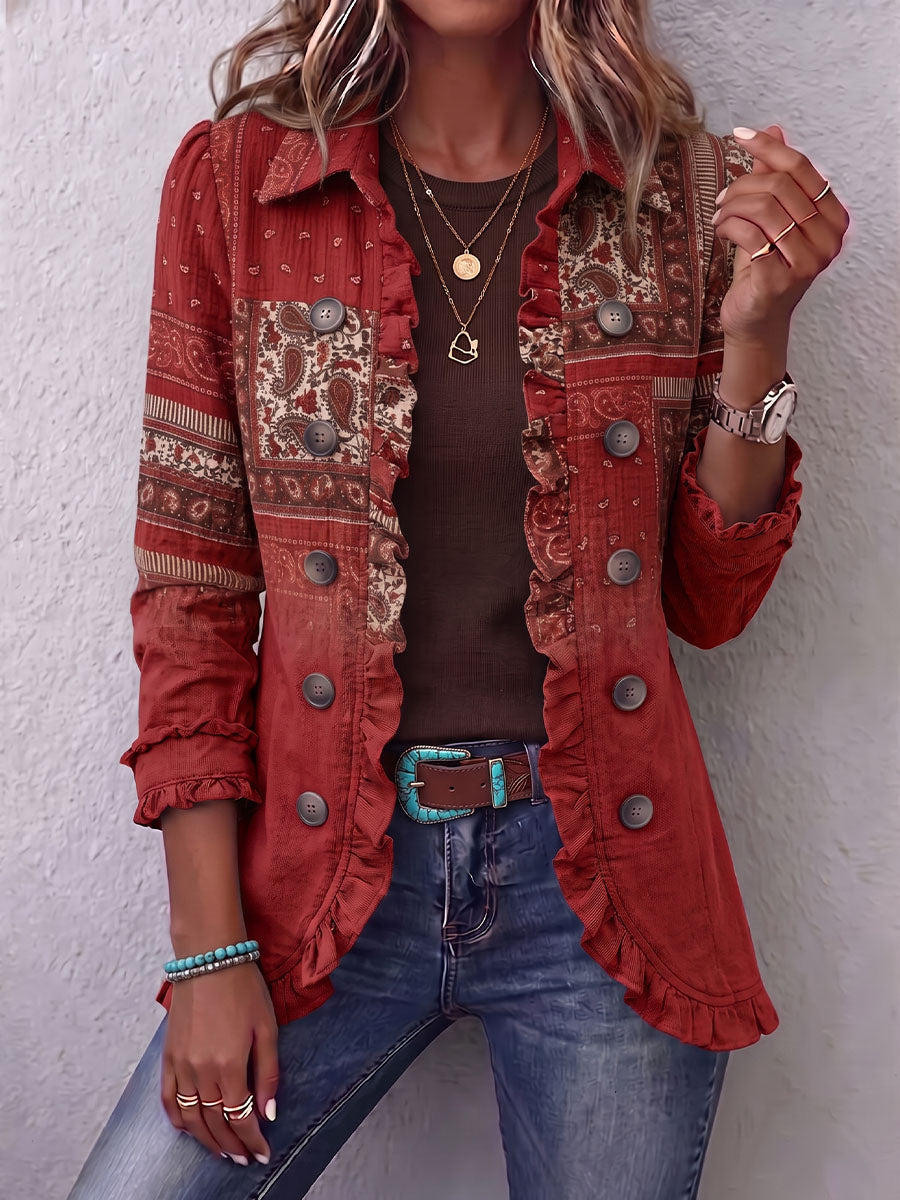 Vintage Elegant Pattern Patchwork Ruffled Jacket