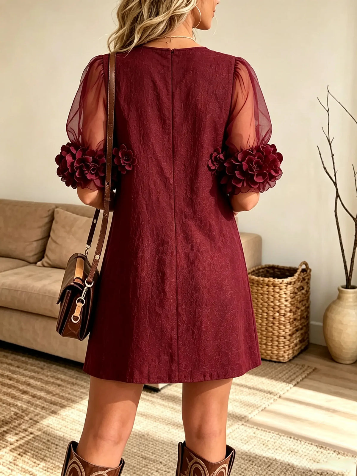 Women's 3D Floral Sheer Sleeve Shift Mini Dress