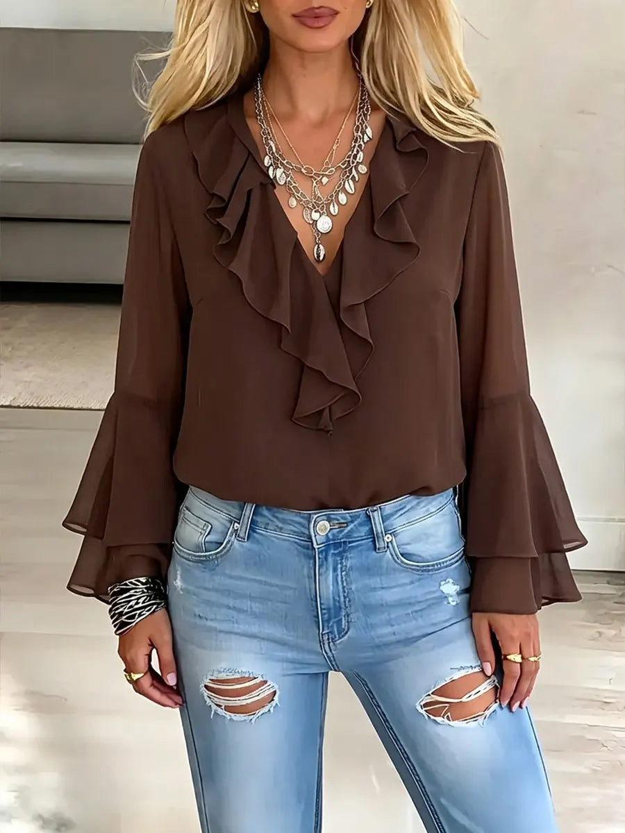 Vintage Elegant Chiffon Bell Sleeve Ruffle Shirt