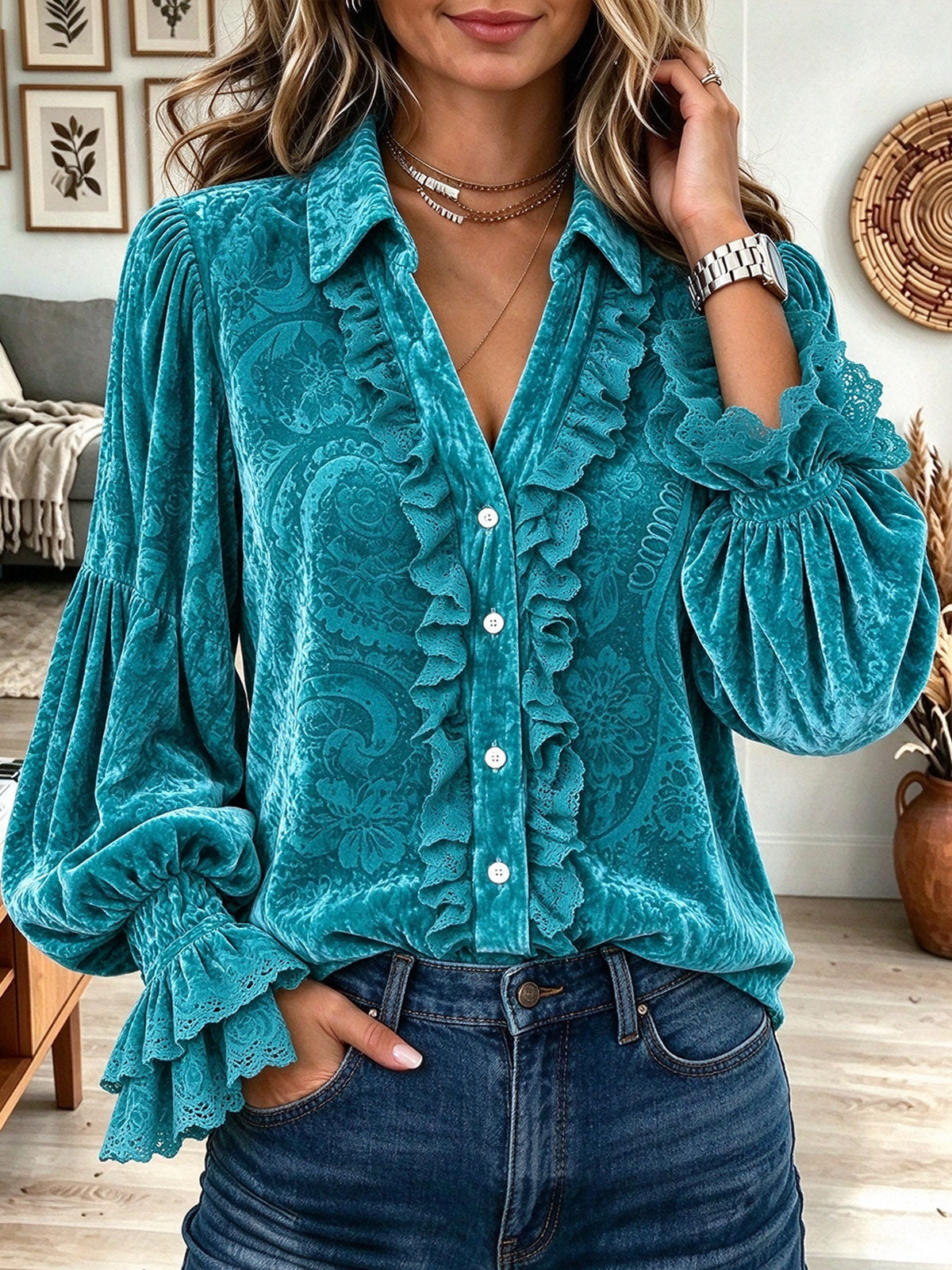 Women's Teal Embossed Velvet Button Down Shirt with Ruffle Trim and Lace Bell Sleeves