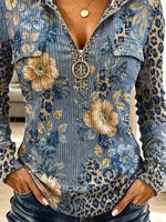 Vintage Floral Leopard Pattern Zip Art Casual Stylish Hooded Long Sleeve Top