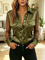 Retro Chic Art Pockets Casual Stylish Lapel Sheer Long Sleeve Shirt
