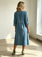 Women's Floral Crochet Cutout Denim Midi Dress