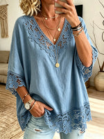 Women's Crochet Cutout Denim Blouse