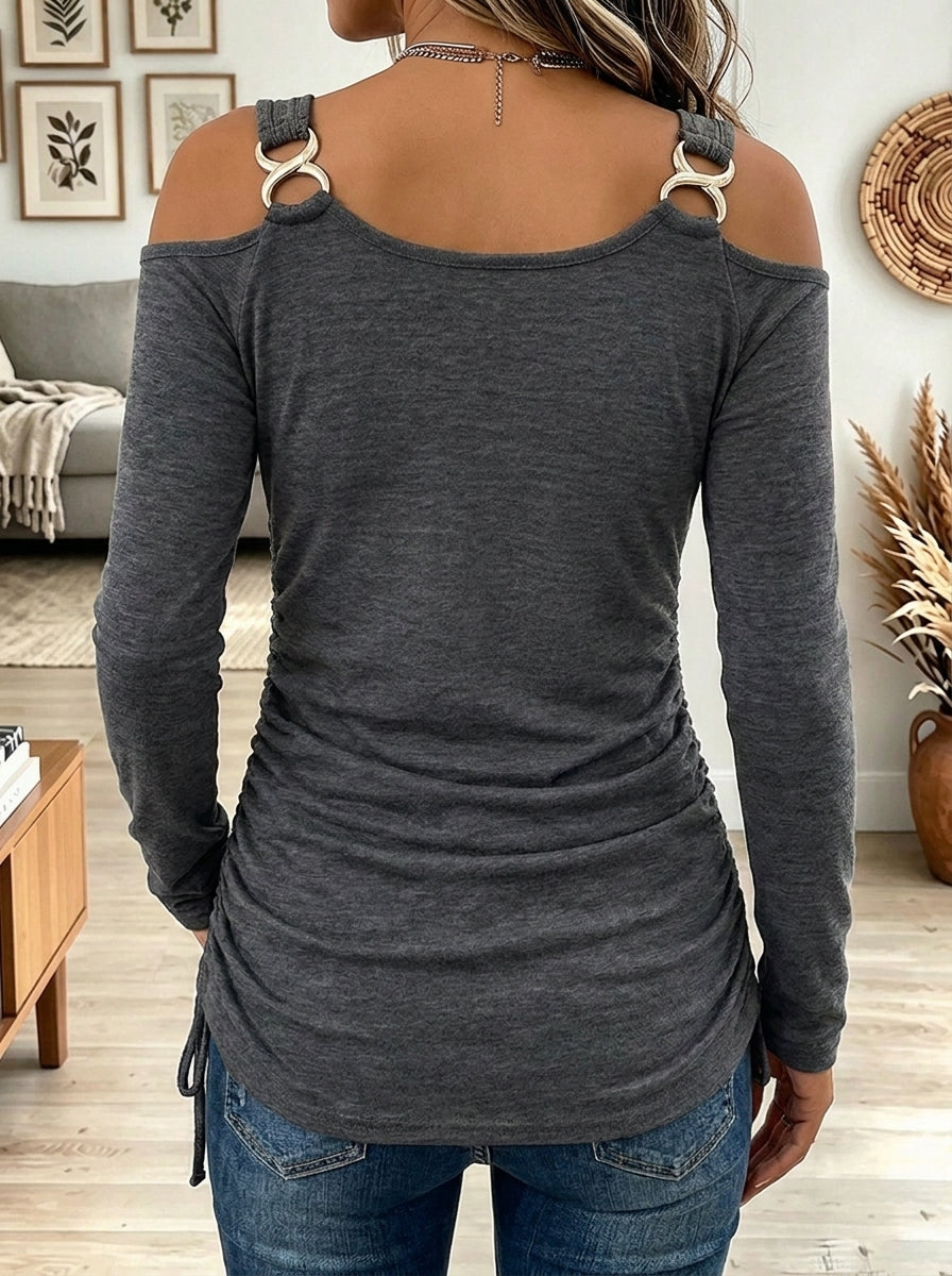 Women's Dark Grey Cold Shoulder Long Sleeve Top with Metal Rings and Side Ruching