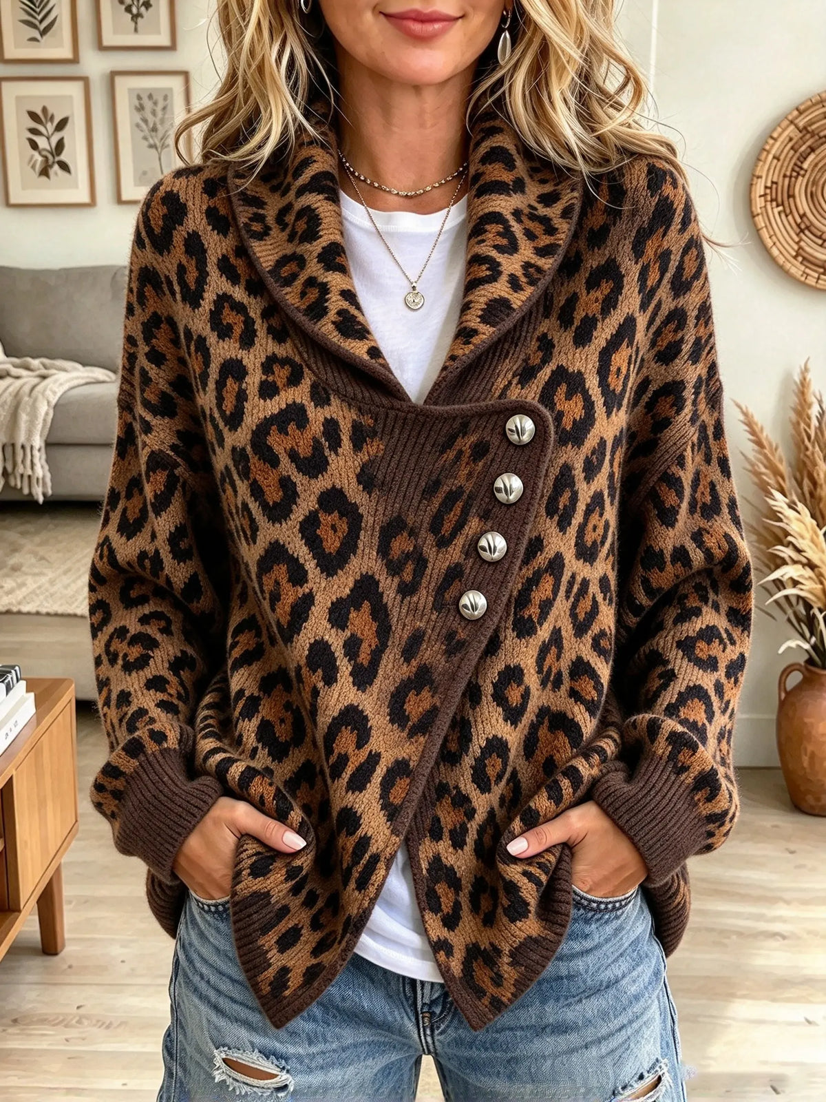 Women's Leopard Asymmetric Button Cardigan
