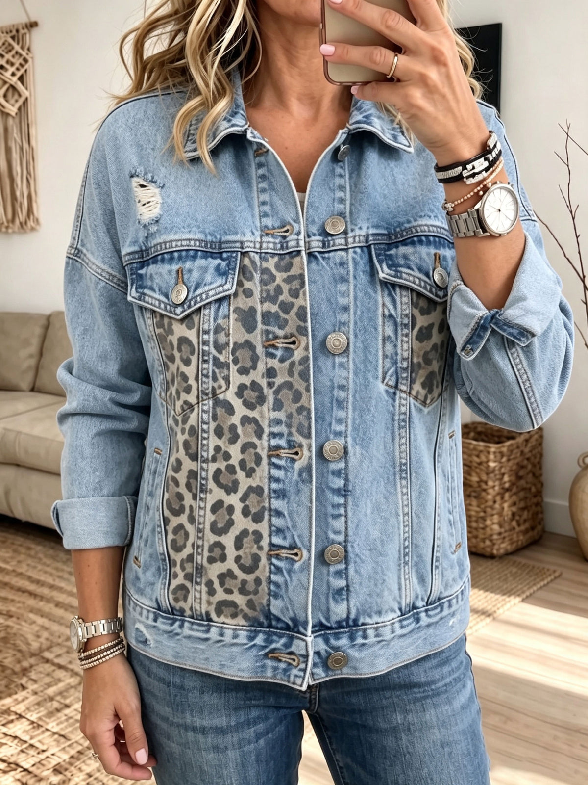 Women Leopard Print Splice Denim Jacket Lapel Distressed Ripped Casual Trucker Coat