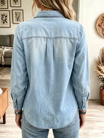 Women's Ruffled Placket Long Sleeve Denim Shirt