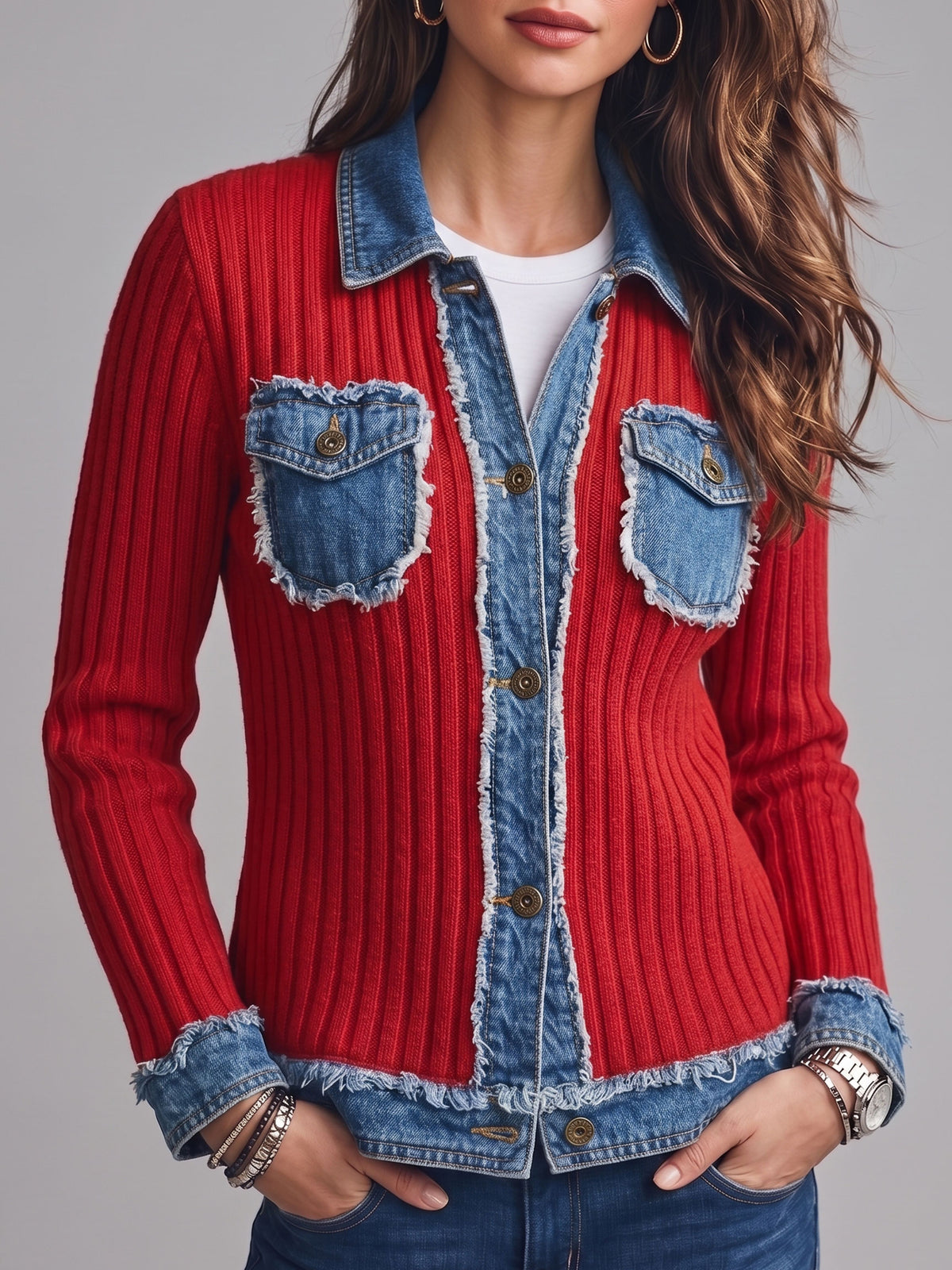 Women Red Ribbed Knit Denim Spliced Frayed Jacket Lapel Button Outerwear With Pockets