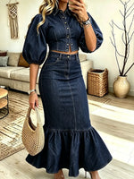 Women's Elegant Puff Sleeve Denim Top With High-waist Skirt Two-piece Set