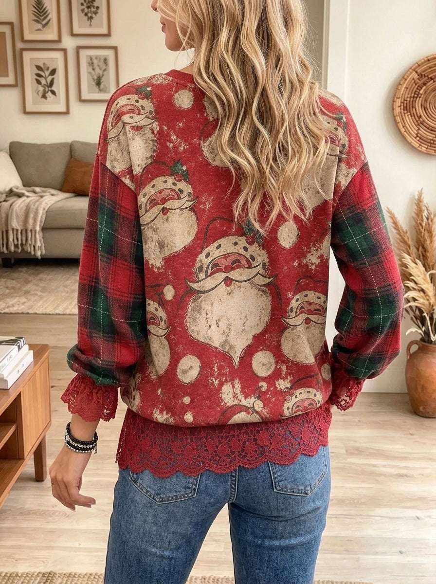 Women's Santa Claus Print Lace Sweatshirt