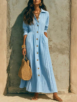 Retro Elegant Lapel Art Button Casual Long Sleeve Stylish Long Dress