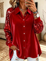 Velvet Sequin Raglan Sleeve Shirt, Button‑Down Party Blouse for Women