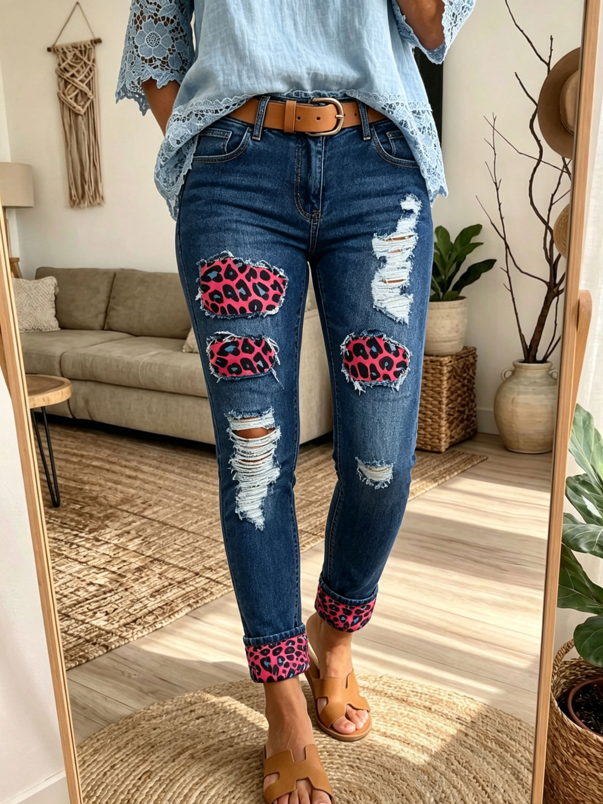 Women Ripped Jeans Leopard Patch Cuffed Ankle Stretch Skinny Denim Pants