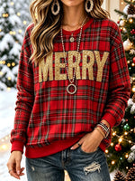 Women Christmas Plaid Sequin "MERRY" Lettering Crew Neck Sweatshirt