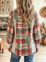 Women's Christmas Tree Print Lace Trim Blouse