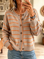 Women's Striped Button-Down Crewneck Knit Cardigan