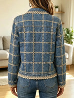 Retro Floral Lace Patchwork Casual Stylish Long Sleeve Denim Lapel Coat
