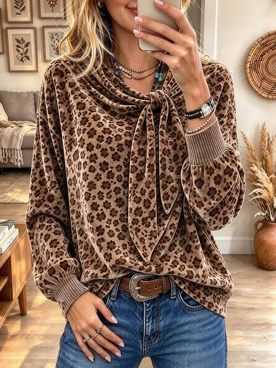 Women's Leopard Print Long Sleeve Ribbed Cuff Loose Casual Blouse