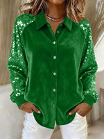 Velvet Sequin Raglan Sleeve Shirt, Button‑Down Party Blouse for Women
