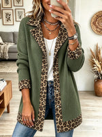 Women's Leopard Trim Lapel Ribbed Knit Cardigan