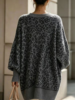 Women Oversized V‑Neck Leopard Print Batwing Sleeve Knit Sweater