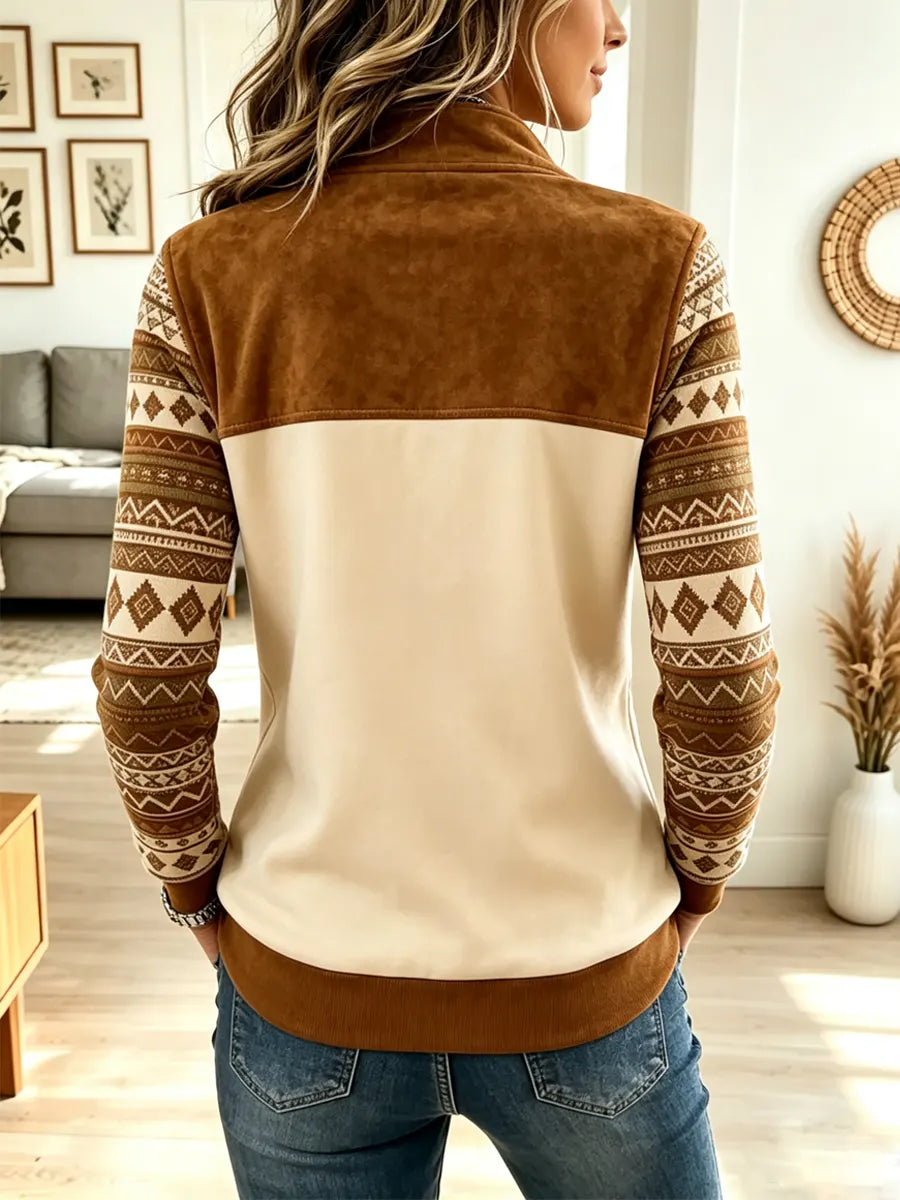 Vintage Pattern Zip Art Casual Stylish Lapel Long Sleeve Top