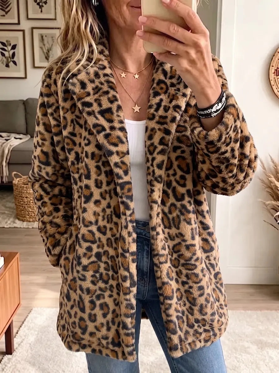 Vintage Elegant Leopard Print Fleece Coat