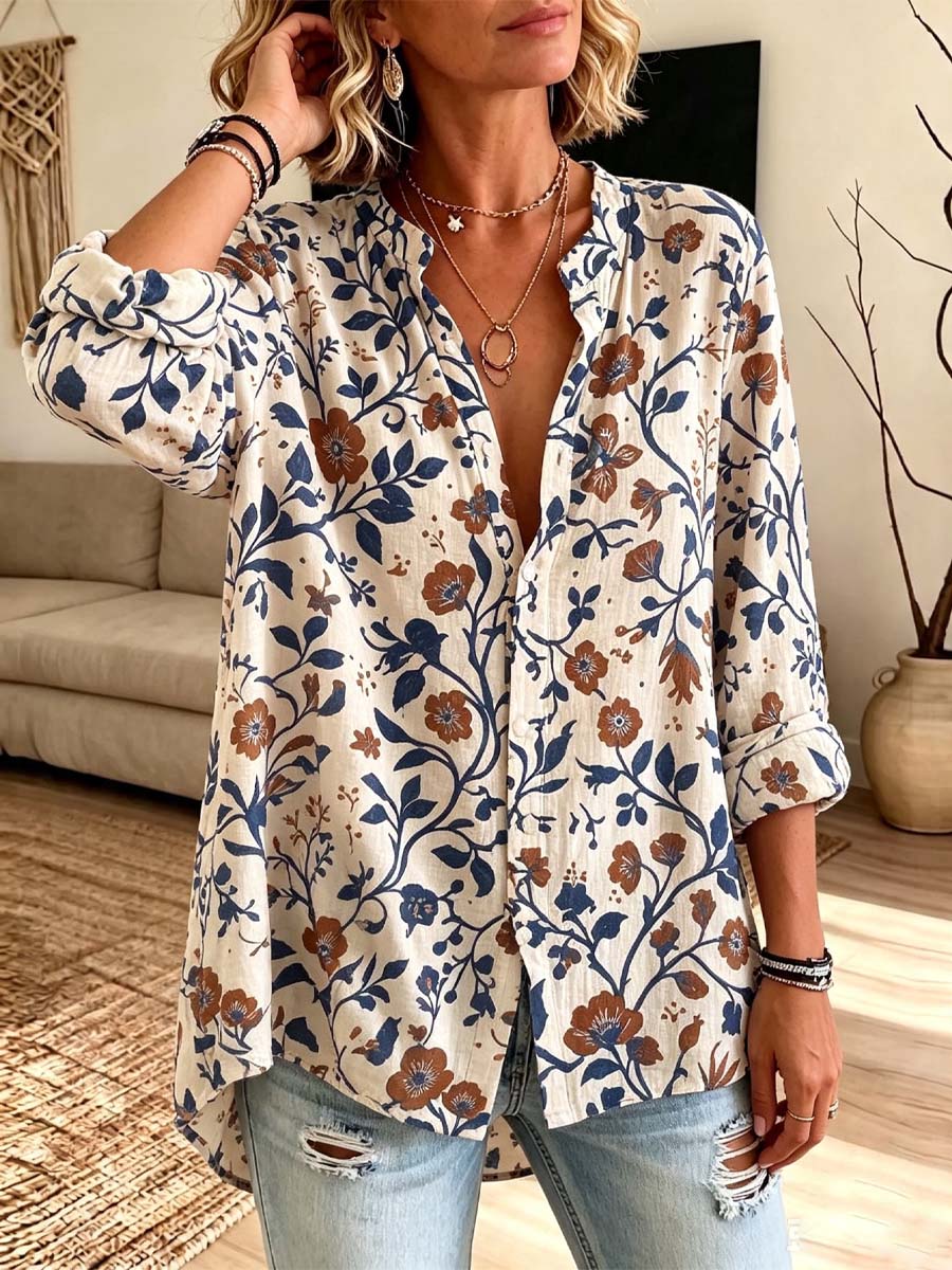 Retro Floral Pattern Art Print Casual Long Sleeve Cotton Linen Shirt