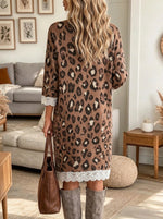 Women's Leopard Pocket Crochet Lace Trim Sweater Dress