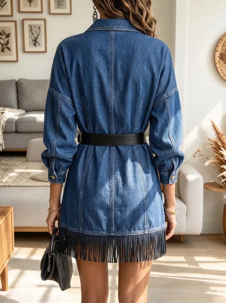 Women's Double-Breasted Fringe Hem Denim Blazer Dress
