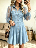 Women's Sheer Puff Sleeve Button-Down Denim Dress