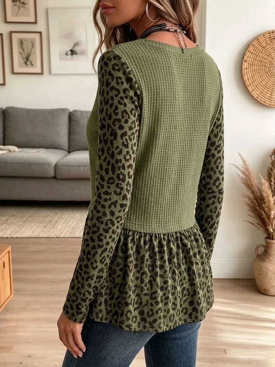 Vintage Elegant Leopard-print Patchwork Waffle Knit Thanksgiving Tunic Top