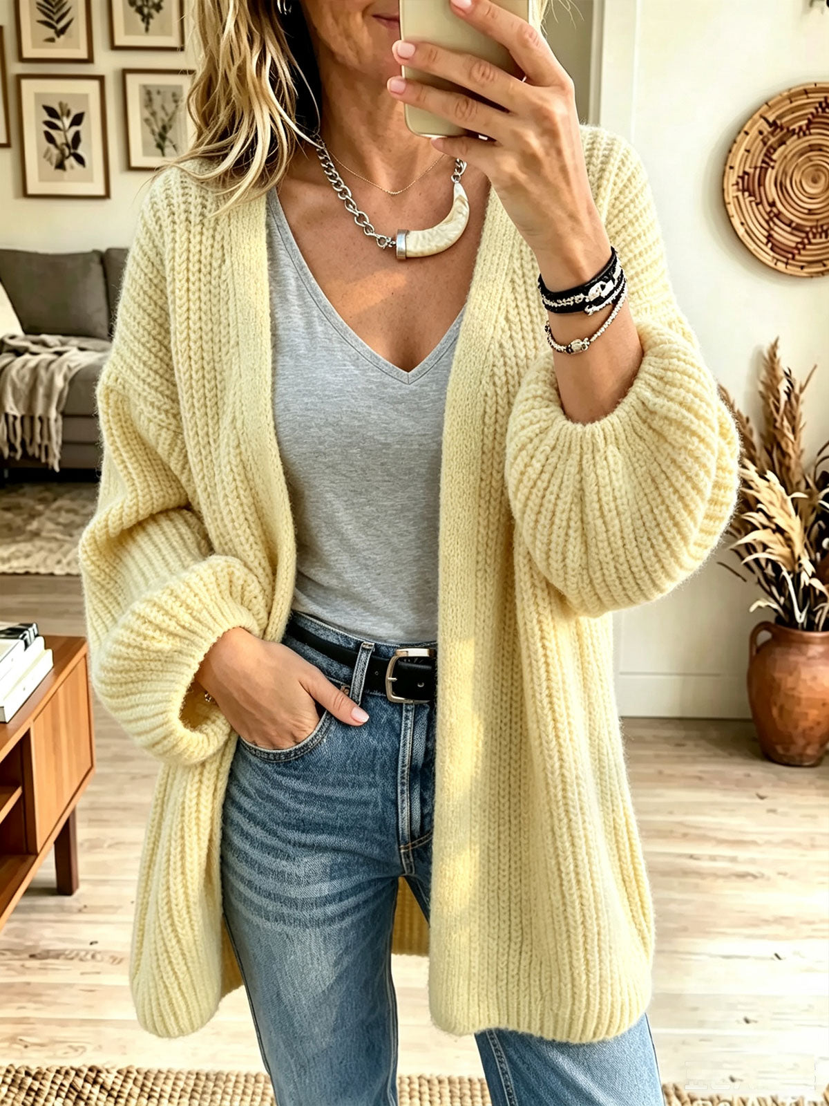 Women's Chunky Knit Open Front Cardigan, Lantern Sleeve Mid Length Loose Sweater Coat