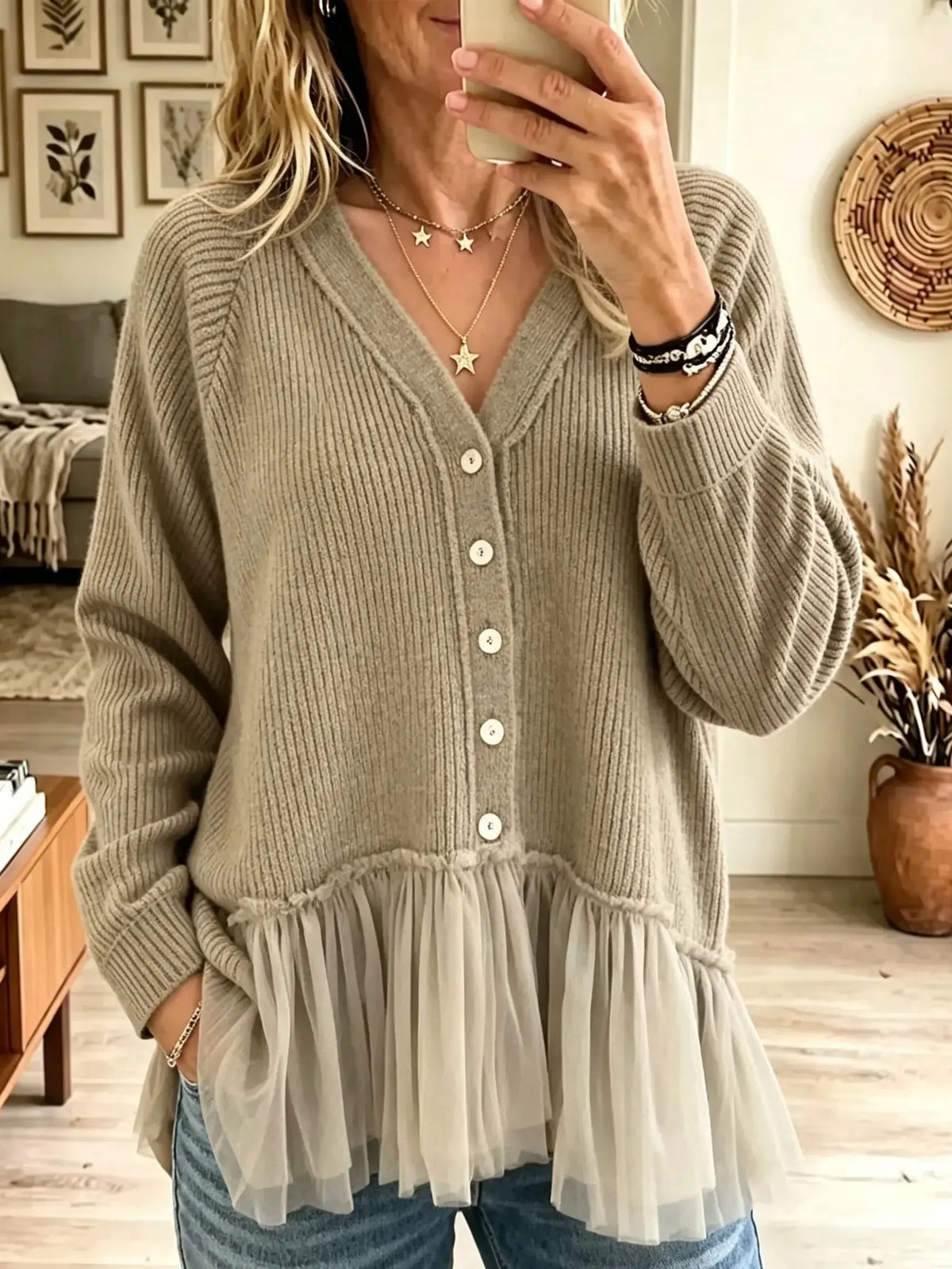 Women's Tulle Ruffle Hem Button-Down Cardigan