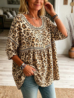 Retro Leopard Pattern Art Print Casual Hollow Short Sleeve Cotton Linen Shirt