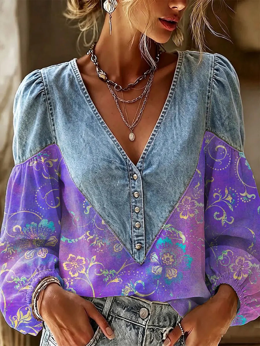Retro Floral Pattern Art Print Casual Stylish Denim Patchwork Long Sleeve Shirt
