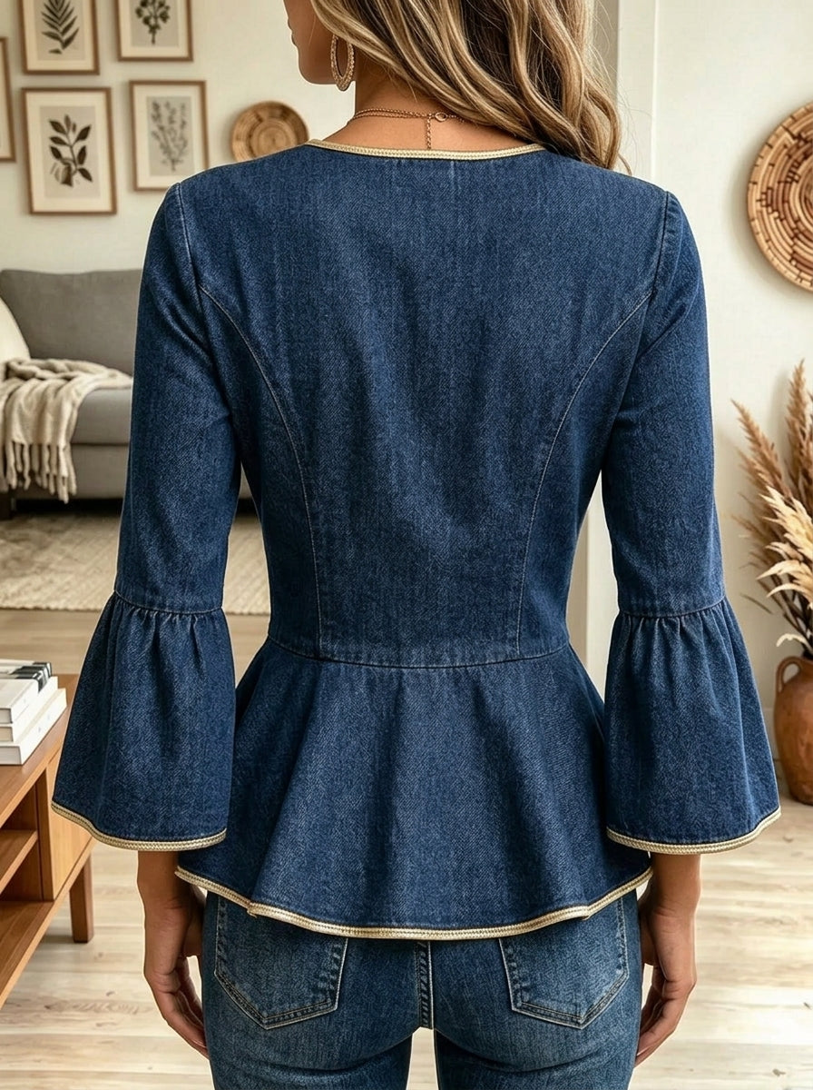 Women V Neck Denim Peplum Top with Flare Cuffs & Gold Trim