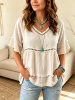 Retro V-Collar Hollow Fringe Art Casual Short Sleeve Cotton Linen Shirt