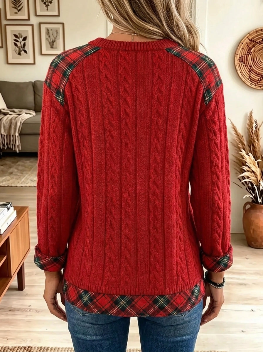 Women's Plaid Trim Cable Knit Christmas Tree Sweater