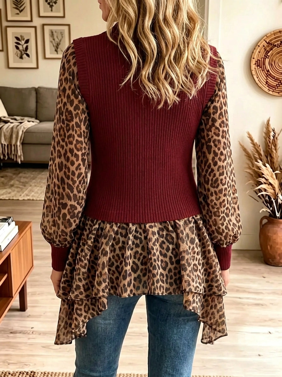 Women's Leopard Chiffon Patchwork Ribbed Polo Blouse