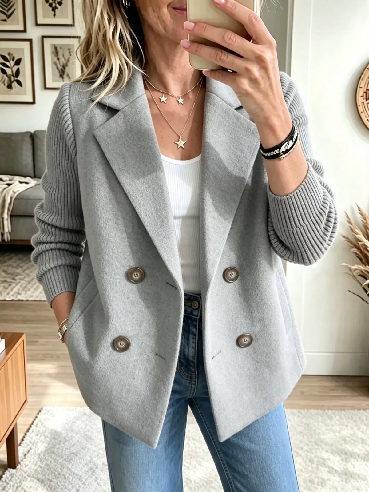 Women's Knit Sleeve Double-Breasted Coat