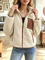 Retro Zip Fleece Pockets Art Casual Stylish Long Sleeve Coat