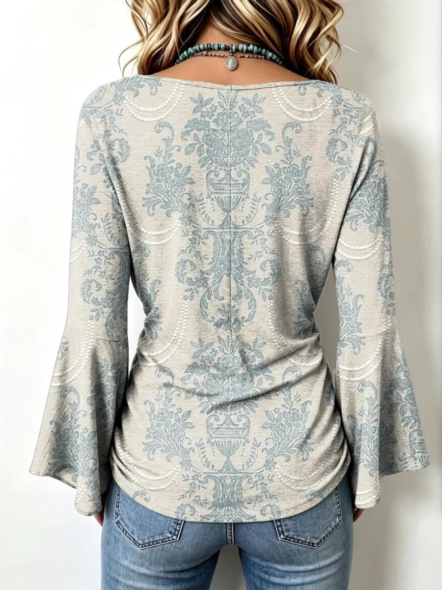 Retro Floral Pattern Art Print Casual Stylish Cotton V Collar Shirt