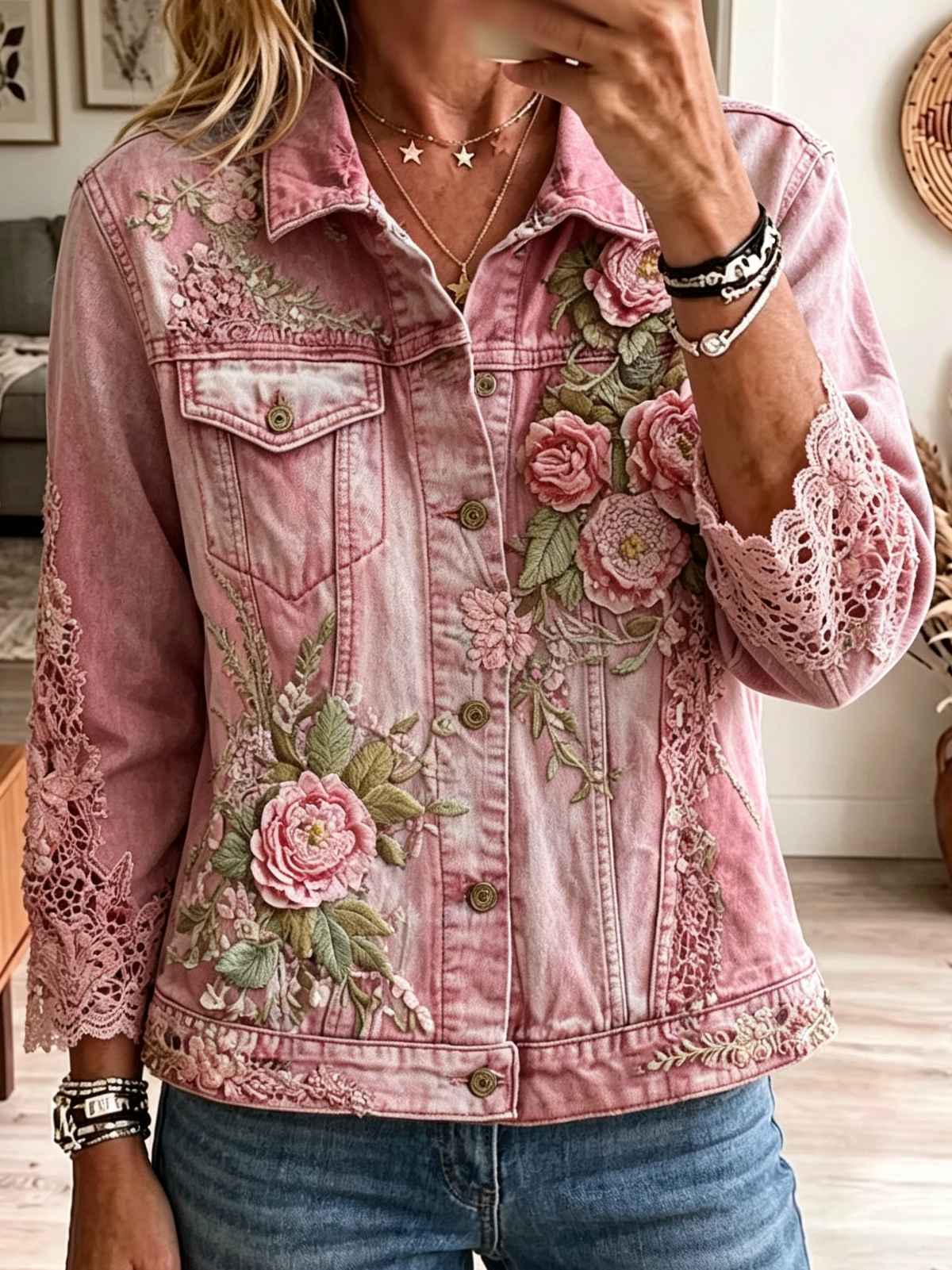 Women's Floral Lace Denim Jacket