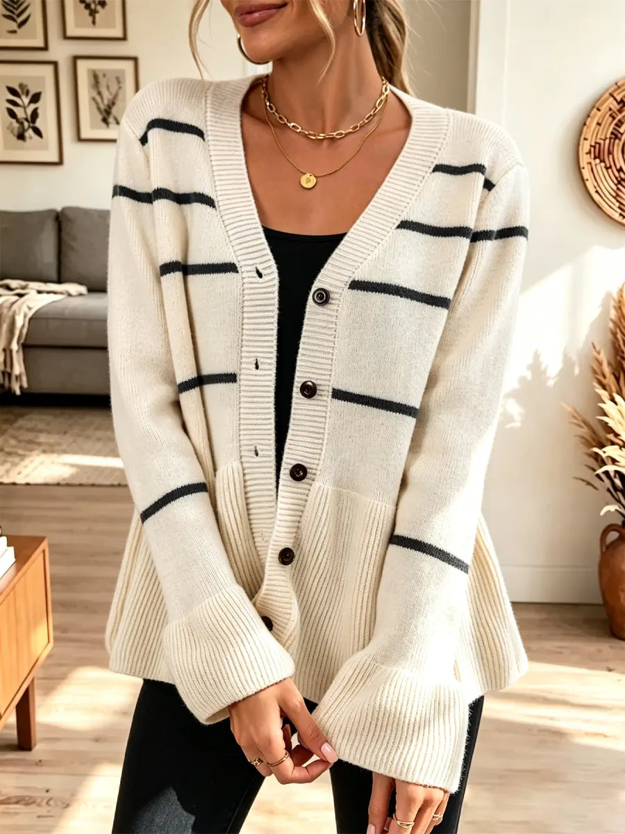 Elegant Ruffle Stripe Pattern Knit Art Casual Stylish Long Sleeve Cardigan Sweater