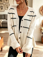 Elegant Ruffle Stripe Pattern Knit Art Casual Stylish Long Sleeve Cardigan Sweater
